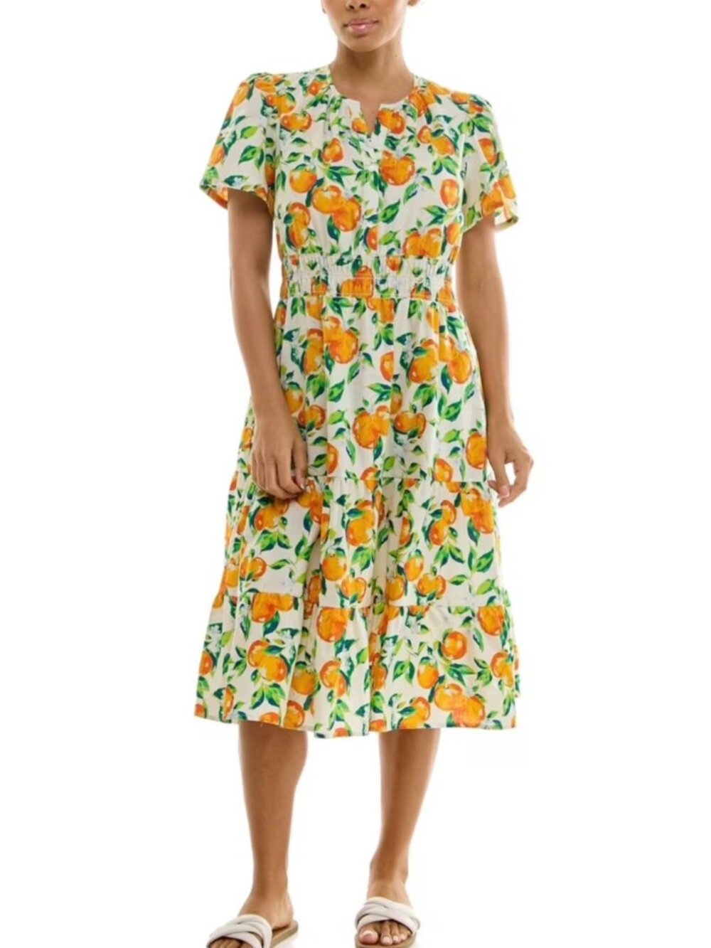 Nanette Lepore Orange Multi Short Sleeve Split Neck Tiered Dress Size L